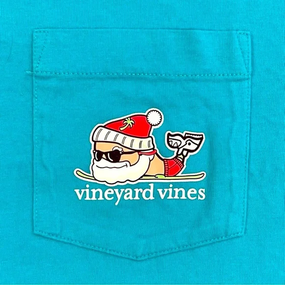 Vineyard Vines Long Sleeve Tee Mens Medium Santa Skis Whale Pocket T-Shirt Blue - Picture 3 of 6